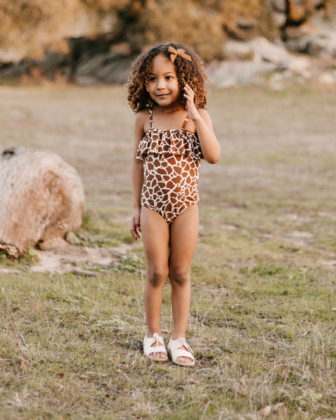 ruffle one-piece || giraffe spots